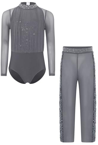 Nyeemya Gymnastikanzug Mädchen Langarm Kinder Pailletten Und Strass Glitzer Tanzanzug Mesh Patchwork Body Mit Hose Leggings Weites Bein Tanzkostüm