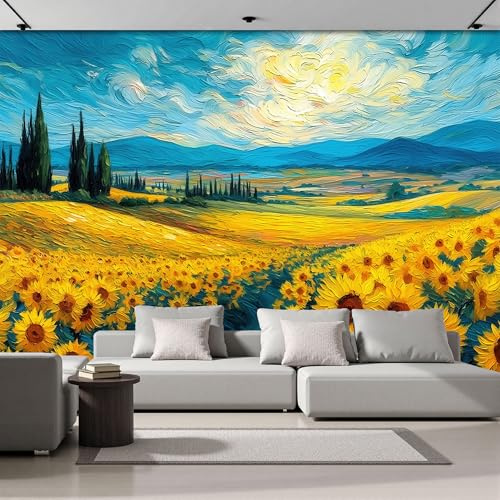 Fototapete Impressionistische Ölgemälde 300×210cm(B×H) - XL Fototapeten, Sonnenblumenfeld Landschaft 3D Effekt Tapeten, Gelb Tapete für Wohnzimmer Schlafzimmer Vliestapete Wandtapete