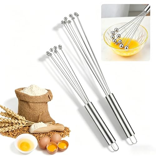 2 Pack Stainless Steel Ball Whisk Set 304 – 10 & 12 Inch Wire Egg Whisk Manual Egg Beaters Mixer for Fast Whipping Cream Sauces Blending Stirring