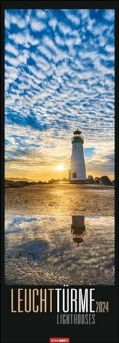 Leuchttürme Kalender 2024. Langer Bild-Kalender mit 12 spektakulären Fotos. Wandkalender XXL 2024. Vertikaler Kalender mit atemberaubenden Landschaftsfotografien. 34x98 cm.