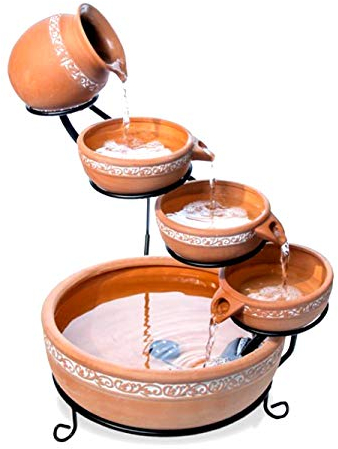 Primrose 55cm Inlaid Terracotta Solar Powered Jug & Dish Water Feature Cascade with Battery Backup and LED Lights