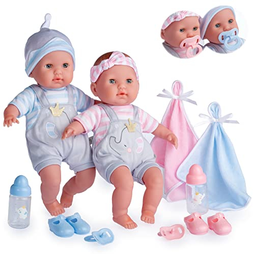 Realistische 38 cm Zwillingsstoffpuppen mit offenen/geschlossenen Augen|JC Toys Berenguer Boutique|12-teiliges Geschenkset mit Flasche, Rassel, Schnuller & Zubehör|Rosa und Blau|Für Kinder ab 2 Jahren