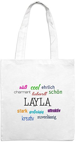 Jutebeutel mit Namen Layla - Motiv Positive Eigenschaften - Farbe weiß – Stoffbeutel, Jutesack, Hipster, Beutel