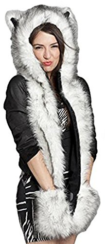 Petalum Damen Winter Warm Mütze Schal Handschuhe Set Kapuzen Handschuhe Warm Kapuzenschal Plüsch Tiere Bär Panda Wolf Paws Ohren Fellmütze Bunte Farben