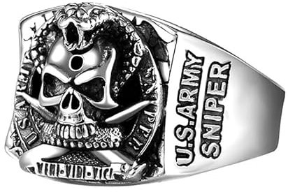 BOBIJOO JEWELRY - Bague Chevalière Homme Tête de Mort Skull U.S. Army Sniper Acier Veni Vidi Vici - 17,8 (7 US)