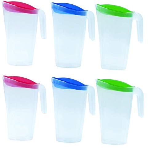 Home Line brocca per succo 1,75 L – Bricco per acqua con coperchio fisso – Bricco per bevande con antigoccia esterno – Caraffa per acqua per frigorifero – Dispenser di succo. 6er Set (Blau, Grün, Rot)