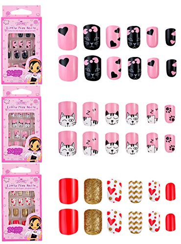 72 Stück Fingernägel Zum Aufkleben Set für Kinder Mädchen,Rosa Lackiert Selbstklebende Künstliche Nägel Sticker Deko mit Muster Pink Aufkleber Falsche Kunstnägel für Kleinen Händen Hand Finger Damen