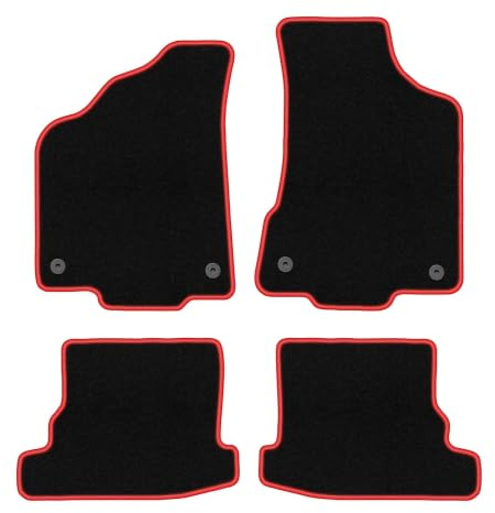 Velours-Fußmatten passend für Volkswagen Polo III 6N 1994-1999, Schwarz-Rot | passend für Schrägheck/Limousine/Classic; Velours-Teppich (Polypropylen), ca. 6,5 mm