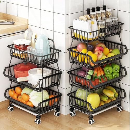 CarolynDesign Paniers de rangement de cuisine en fil de fer noir avec roulettes et pieds, paniers de rangement empilables pour légumes