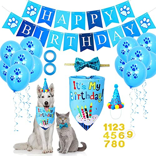 Sparty Bandana Mtzen Set fr Jungen Hunde: Geburtstag mit Happy Birthday Banner und Party-Dekoration
