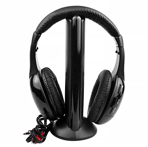 JTWEB Cuffie per TV wireless 5 in 1 con trasmettitore RF 2,4 G, comode cuffie con adattatore a Y, modalità vocale, radio FM, monitoraggio chat sul web, per guardare la TV sul computer,