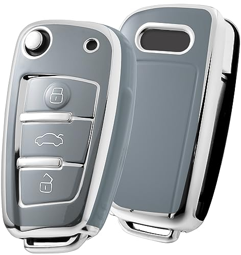 OATSBASF Schlüsselhülle für Audi, Autoschlüssel Hülle für A1 A3 A4 A6 Q3 Q5 Q7 S3 R8 TT Silicone TPU Schutzhülle (Silber Rand-Grau)