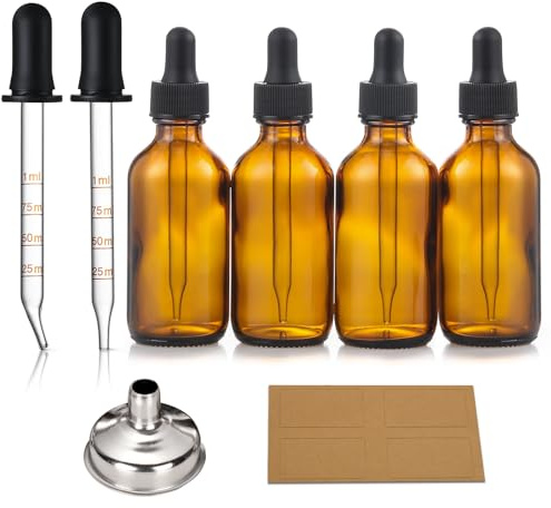 4 Pack 2oz Dropper Bottles with 2 Extra 1ml Calibrated Glass Dropper & 1 Funnel & 4 Labels, 60ml Thick Dark Amber Glass Tincture Bottles with Dropper