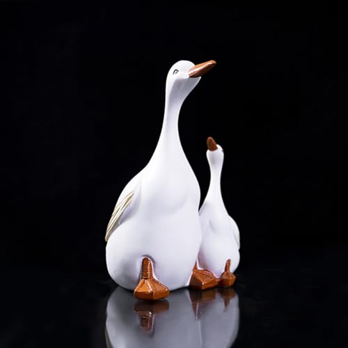 DeryArcle Enten Skulptur, 14cm Mutter Ente und Entchen Statue 3D Tier Harz Ornament Duck Resin Sculpture für Garten Außen Rasen Teich Balkon Dekorationen Geschenk (Large)