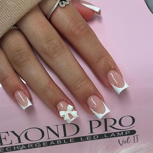 DMQ French False Nails with Glue, 24Pcs French Press on Nails Short, Square Press on Nail with 3D Bow, Coffin Stick on Nails with, White Nail Tips for Women Girls Valentines Days Nails Art
