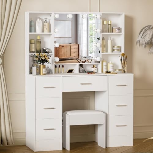 Puselo Dressing Table with Mirror and Stool, Dressing Table with with Drawers,3 Color Lighting Modes Brightness Adjustable, Large Dressing Table for Bedroom