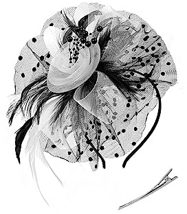 tuwiwol Vintage Frauen Plume Fascinator Retro Stil Schleier Hut Stirnband Clip Kopfschmuck Haarnadel Kopfbedeckung für Hochzeitsfeier, Schwarz+Weiß