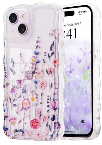 Micoden Cute Curly Wave Case for iPhone 15,Clear with Anti-Yellowing Flower Floral,Soft TPU Slim Bumper Shockproof Anti-Scratch Protective Wavy Cover for Girls Women-Colorful