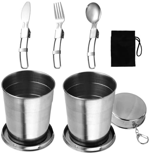 2 Pezzi Tazza Pieghevole in Acciaio Inox, Bicchiere Telescopico, Posate Pieghevoli per Viaggio, Campeggio