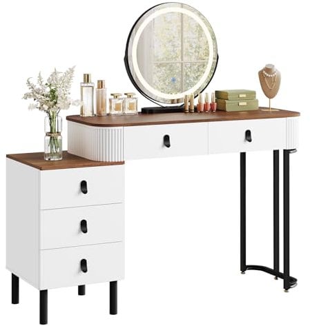 WOLTU Schminktisch mit LED Beleuchtung, 3 einstellbare Helligkeiten, Frisiertisch mit Spiegel, Kosmetiktisch mit 1 Seitenschrank 2 Schubladen, Make-up-Tisch modern, Holzdruck orange-braun, MB6109hdob