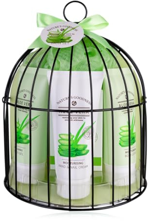 Accentra - Duschset Geschenkset für Frauen ALOE VERA in schönem Vogelkäfig, 5tlg. Badeset Geschenk mit Duschgel, Bodylotion, Seife, Handcreme & Netzschwamm – Wellness Set Frauen & Mädchen