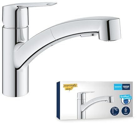 GROHE Start, Niederdruck Küchenarmatur 2 Strahlarten (Wasserhahn Küche für offene Warmwasserbereiter, herausziehbare Brause, 90° schwenkbar, wassersparend, werkzeugfreie Montage), chrom, 1012400000