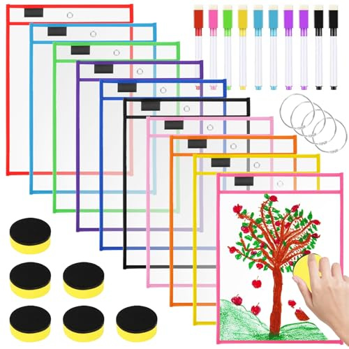 Yooyan Dry Erase Taschen, 10 Stück Wiederverwendbare Trocken Abwischbare Taschen, Abwischbare Durchsichtige mit 10 Whiteboard-Stiften, 6 Radiergummis und 4 Edelstahl Ringe, Für Schule Home und Büro