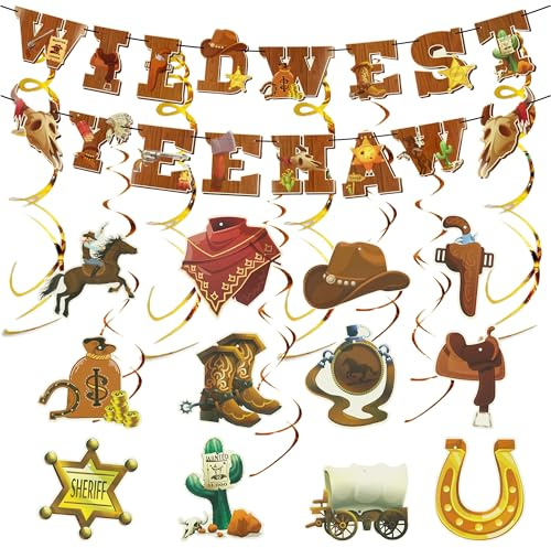 26 Cowboy Party Dekorationen Western Motto Party Dekorationen für | Wilder Westen-Party-Dekorationen, Cowboy-Banner, hängende Wirbel, Country Western Party Decor Supplies für Cowboy-Geburtstag