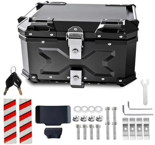QBselecar Universal Motorcycle Top Case 65L Motorbike Tail Box Trunk Tour Storage Carrier Case Back Luggage Box Black with Backrest Security Lock and Handle Waterproof Dustproof Anti-Theft