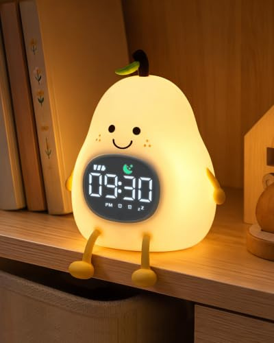 Yiliaw Birne Kinder Schlaflern-Wecker mit Nachtlicht, Ok to Wake Uhr, Doppelalarm, RGB Farben, 6 Wecktöne & Weißes Rauschen, Wiederaufladbar, für Jungen & Mädchen