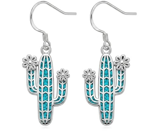 Pendientes colgantes de cactus de plata de ley y turquesa, joyería de país occidental, regalo para mujer, vaquera, vaquera