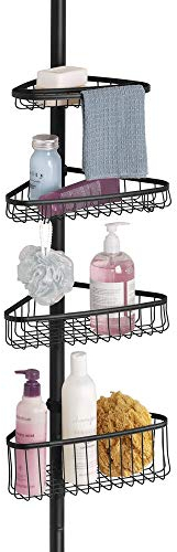 mDesign Duschregal ohne Bohren aus Metall – praktischer Shower Caddy für die Ecke – ausziehbare Duschablage für Shampoo, Conditioner etc. – mit Handtuchstange – mattschwarz