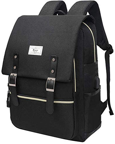 Ronyes College Bag Fits up to 15.6’’ Laptop Casual Rucksack Waterproof Business Travel School Backpack Daypacks with USB Unisex(All Black)