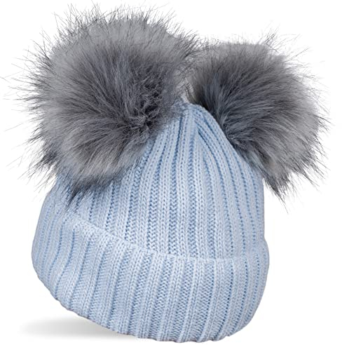 styleBREAKER Kinder Strick Bommelmütze mit 2 Kunstfellbommel und Fleece Futter, Winter Mütze, Strickmütze, 2-5 Jahre 04024203, Farbe:Hellblau