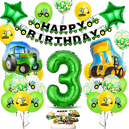 Bluelves Geburtstagsdeko 3 Jahre Jungen, Luftballon Traktor Deko Kindergeburtstag, Traktor Geburtstag Dekoration, Grün Folienballon Traktor Bagger 3 Jahre für Jungen Party Dekoration