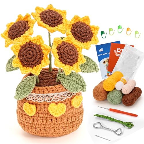Bestcool Beginner Crochet Kit, Potted Plant Crochet Starter Flower Knitting Kit with Yarn Stitch Marker DIY Handcraft with Step-by-Step Instruction Video Tutorial for Adult Home Decor X-mas Gift (B)