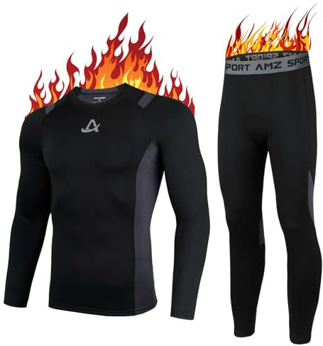 AMZSPORT Thermounterwäsche Set für Herren, Ideales Winter-Set zum Skifahren und Laufen, Enthält Atmungsaktive Funktionsunterwäsche sowie eine Thermohose, Schwarz S