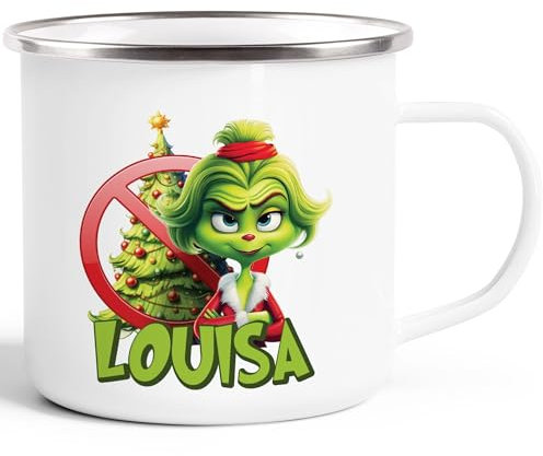 Moonworks® Emaille-Tasse Grinch Weihnachtstasse Mann Frau mit Namen personalisierbar Geschenk lustig Weihnachtsmuffel Grinch Lady emaille-weiß-silber standard