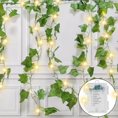 Ninonly Efeu Lichterkette, 5m 50 LED Efeu Künstlich mit Lichterkette, Efeu Girlande mit LED, Batteriebetrieben Efeu Dekorative für Innen Fenster Vorhang Balkon Hochzeit