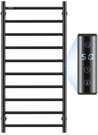 VEVOR Radiateur Sèche-Serviettes Électrique 10 Barres, Porte-Serviettes Chauffant Mural, Chauffe-Serviettes à Température Réglable, Étanche IPX5, avec Minuterie et LED, pour Salle de Bain, Noir