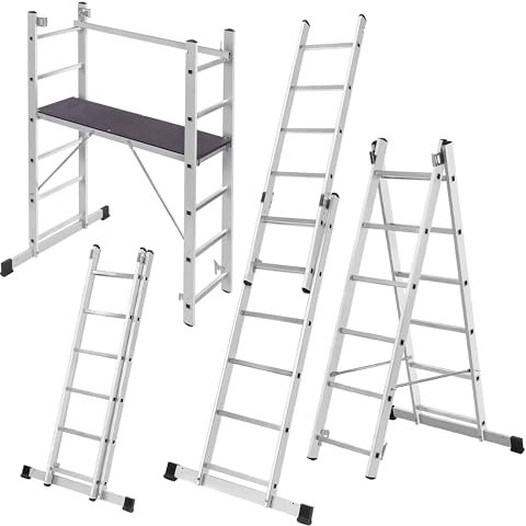 KADAX Ponteggio in alluminio 114 x 161 cm, impalcatura a 12 gradini, impalcatura, struttura multifunzione, scala multiuso con piattaforma e piedini antiscivolo