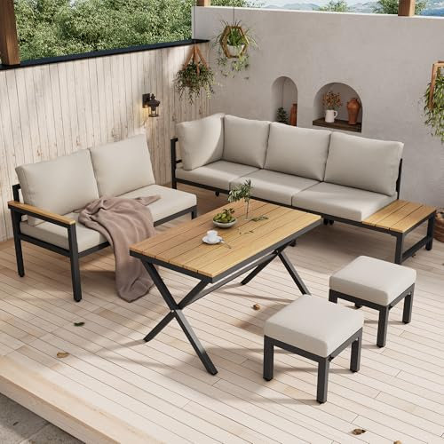 Merax Garten-Essgruppe, Garten-Loungestuhl-Set Garten-Essgruppe 4-teiliges Set, Garten-Loungestuhl-Set, Ecksofa + 2 Hocker + Esstisch, Kunststoff-Holz-Tischplatte mit Ablagen,Grau
