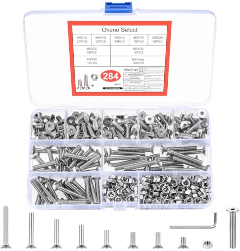 Okeno Select 284 Pcs M5 Stainless Steel Screw and Nut Set, 304 Flat Head Countersunk Machine Screws with Hex Nuts, Internal Hex Drive Bolts Assortment for DIY Furniture, Machinery, Electronics