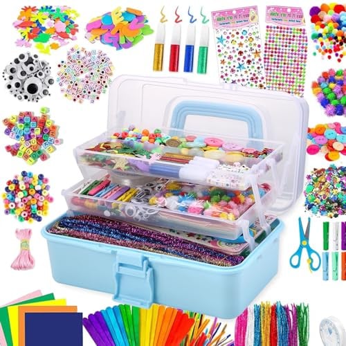 Drookaen Bastelset Kinder, 3000+Pcs Bastelkoffer Bastelbedarf Set Gehören Pipe Pfeifenreiniger Chenilledraht Pompons Kulleraugen DIY Weihnachten DIY Set für Kinder Zum Basteln und Dekorieren