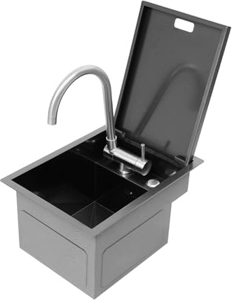 Fregadero oculto de barra de cocina con grifo plegable y placa de cubierta, fregadero invisible de acero inoxidable 304, fregadero de cocina oculto, 32 x 44 x 21 cm en gris oscuro, revestimiento de