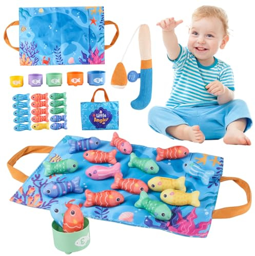 Juego de pesca para niños, juguete educativo Montessori con peces blandos y vasos apilables, juguete educativo de pesca para bebés para habilidades motoras finas y clasificación de colores, bebé