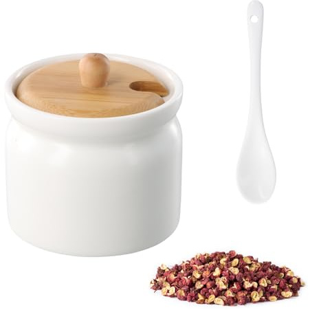 Rundago Zuccheriera in Ceramica con Coperchio e Cucchiaio, Barattolo per Sale e Spezie, Design Elegante per Casa e Cucina, 6.8x8 cm