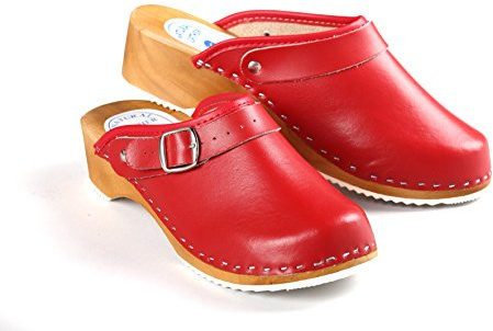 Aves-24 Clogs Pantolette Sandalette Holz + Leder Holzclogs Gr. 36-41 Holzschuhe (36, Rot)