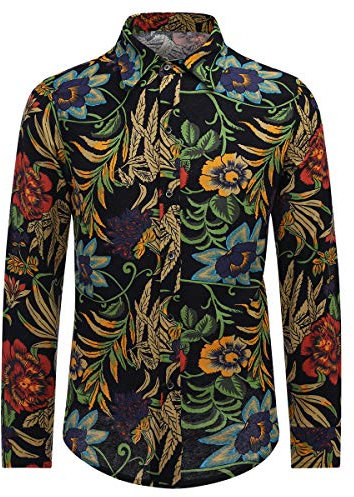 Allthemen Mens Dress Shirts Long Sleeve Funky Printed Linen Shirt Casual Shirt Fancy Floral Tops Unique Pattern, Multi,Flower, XXL