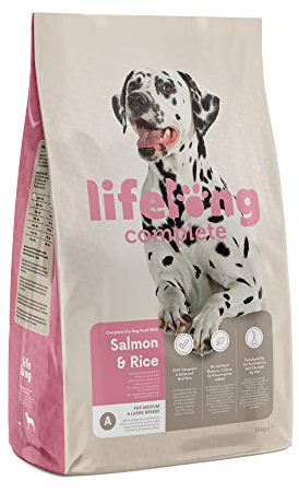 Amazon-Marke: Lifelong - Hundefutter für ausgewachsene Hunde (Adult) aller Rassen, Fein zubereitetes Trockenfutter mit Lachs und Reis, 15 kg (1er-Pack)